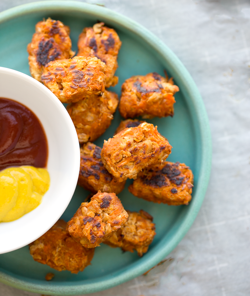 Bake crispy vegan tots with sweet potato, flax eggs, and simple spices