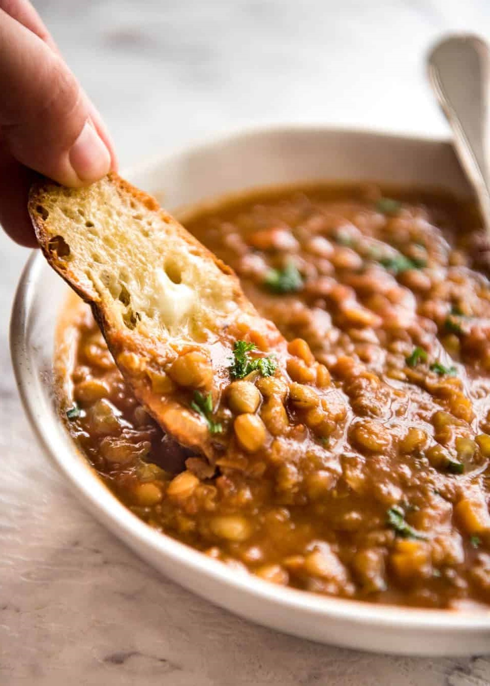 Brown lentils hold shape, green lentils add complexity, and red lentils create creaminess in soups