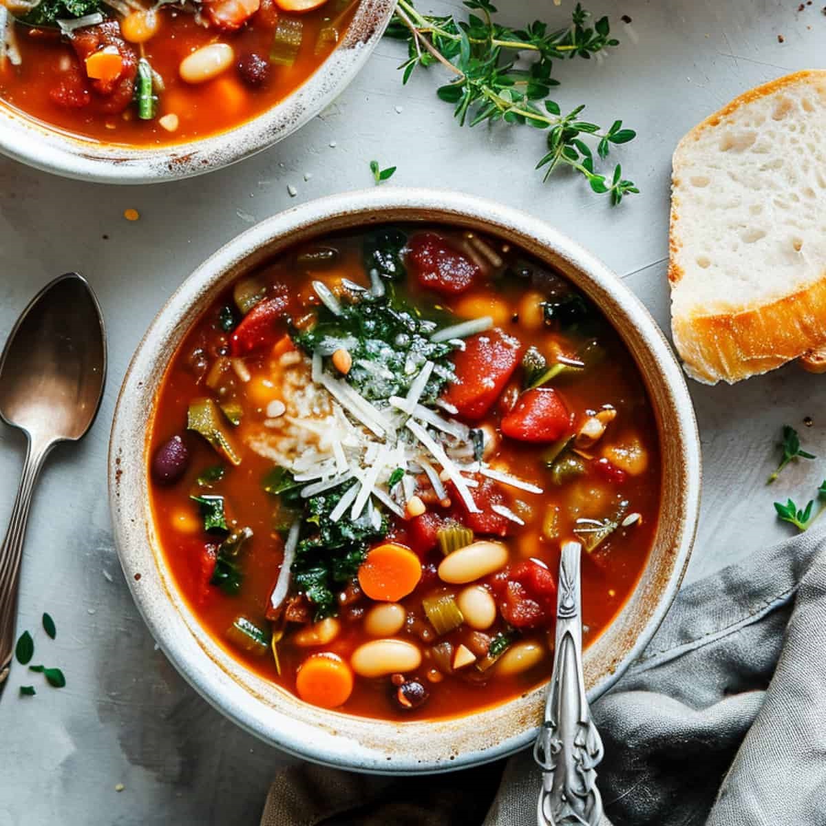 Hearty minestrone with cannellini beans, kale, and Parmesan, simmered in a flavorful tomato broth