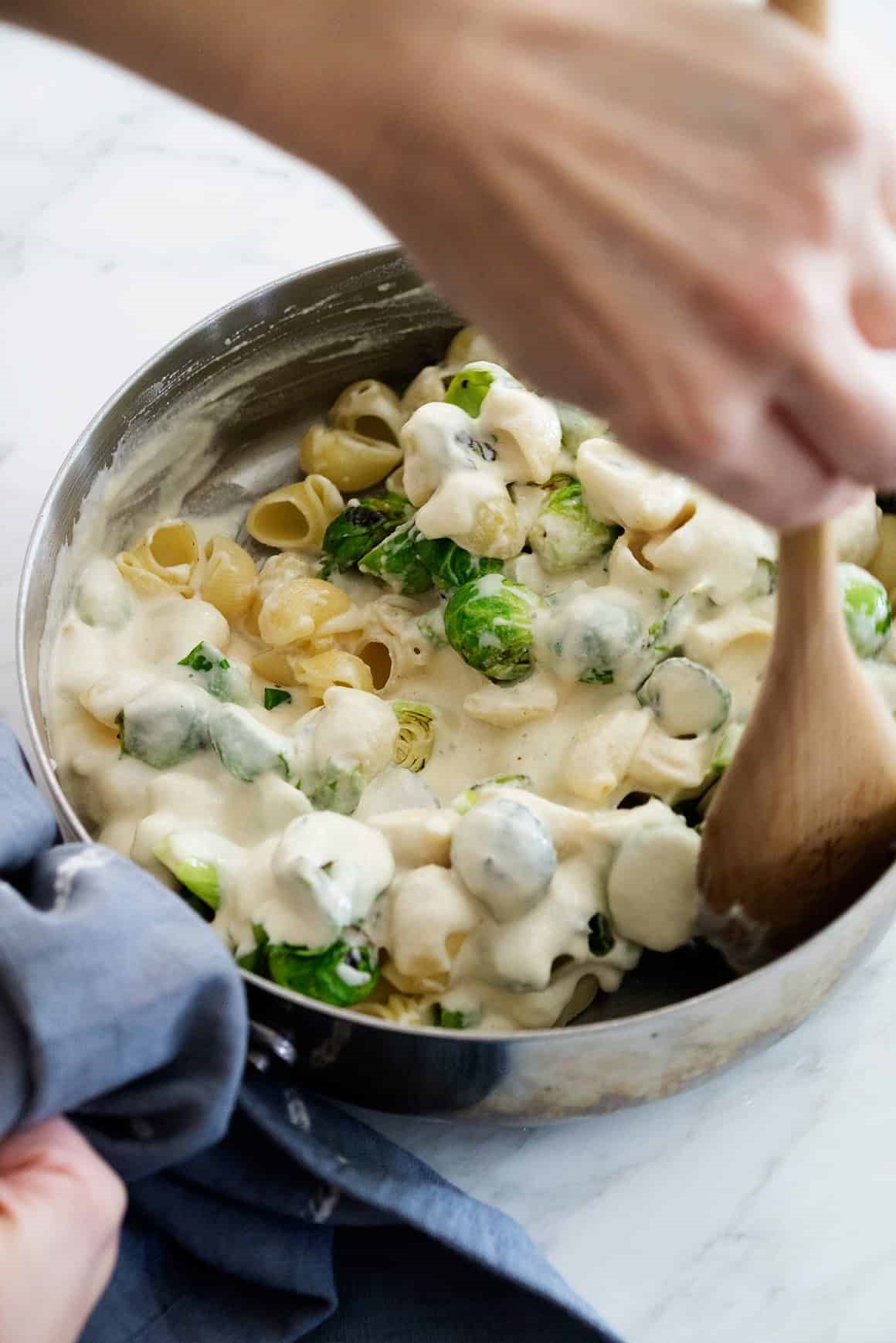 This easy vegan pasta bake upgrades a childhood classic with roasted Brussels sprouts and a luscious dairy-free sauce