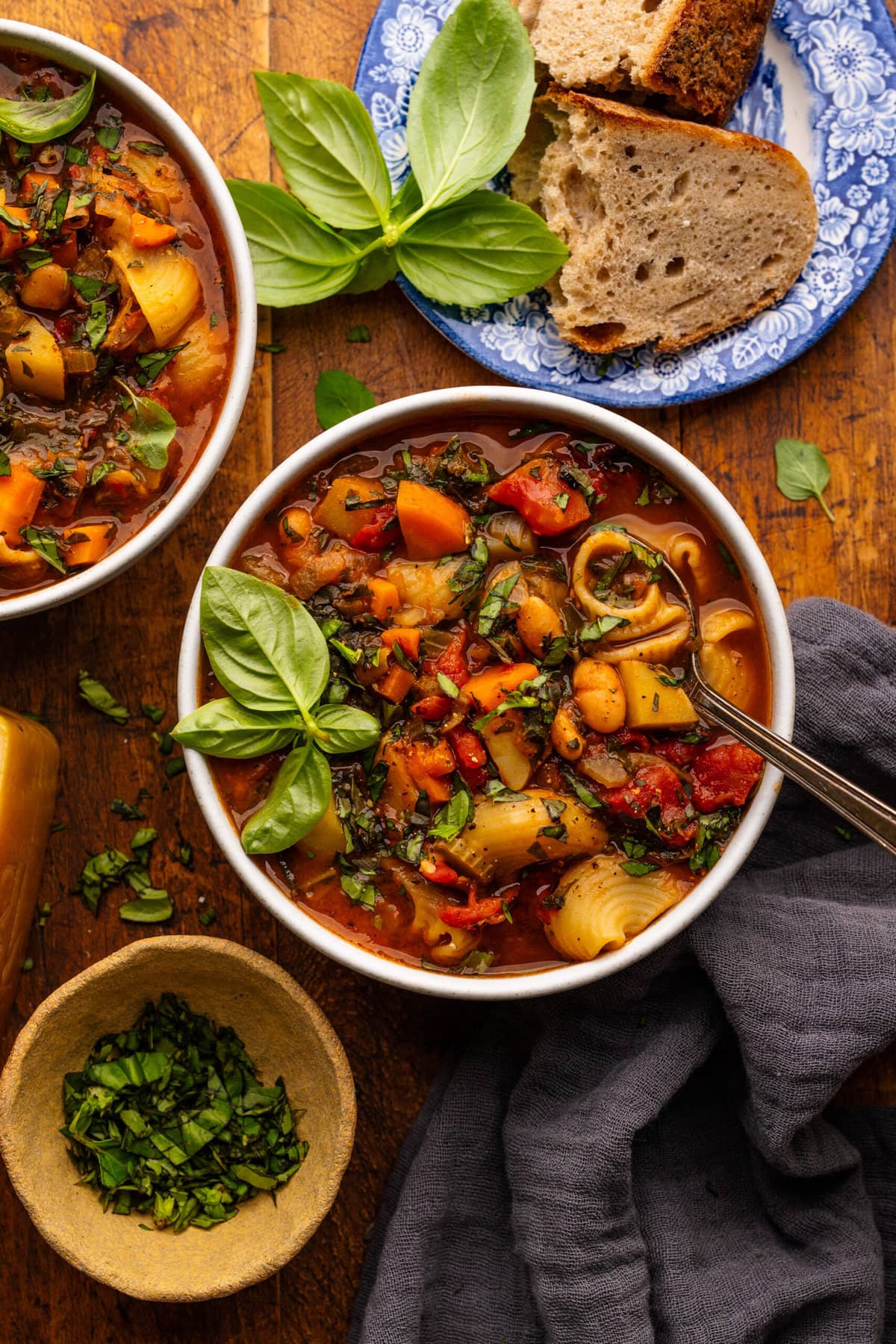 This rustic minestrone, simmered in tomato sauce with vegetables and kidney beans, delivers robust Italian flavors